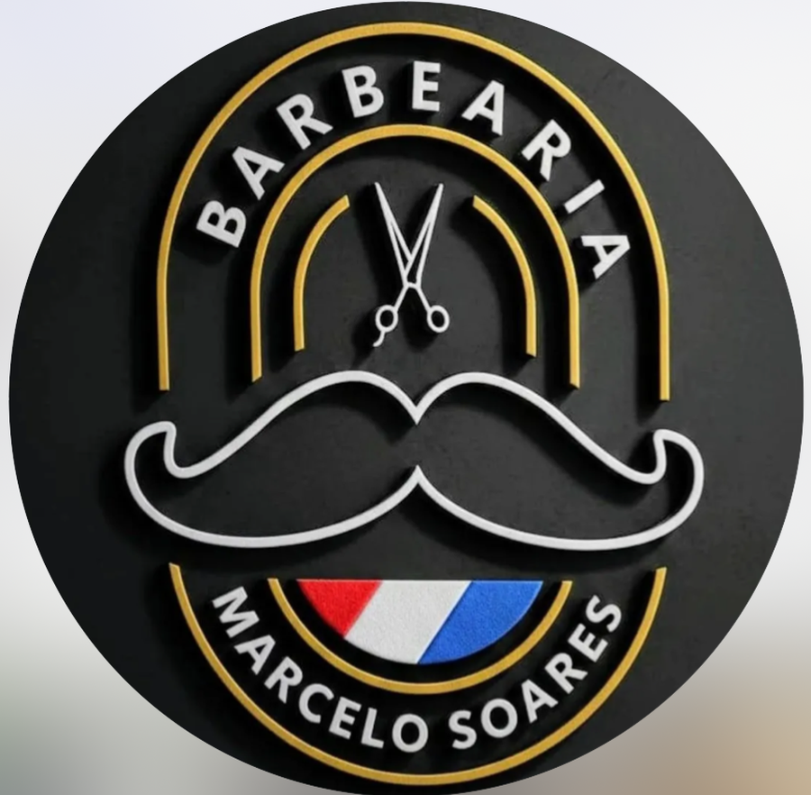 Logo circular da Barbearia Marcelo Soares: bigode, tesoura e faixa de barbearia